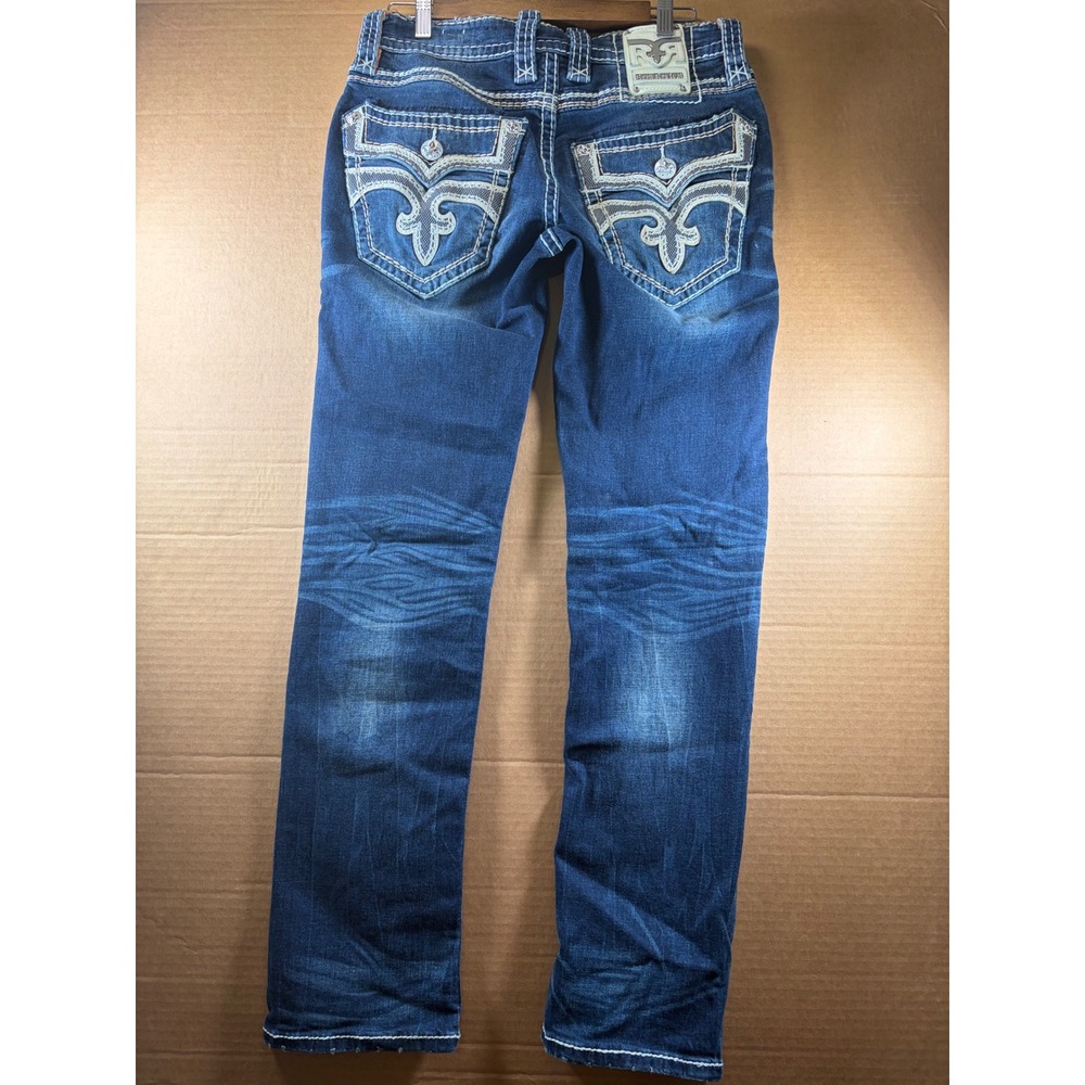 Rock Revival Bradley Slim Straight Jeans Mens 31 Blue Embroidered Stretch Denim